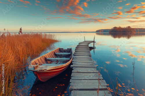 Beautiful lake landscape with row boat and old wooden lake bridge with beautiful sky and cloud background, place for rest and relax, calm water with fresh environment.