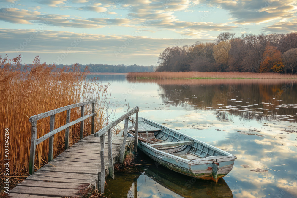 Beautiful lake landscape with row boat and old wooden lake bridge with beautiful sky and cloud background, place for rest and relax, calm water with fresh environment.