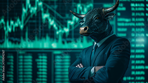 A bull as a businessman wearing suite with green stock market chart candle sticks and indicators background
