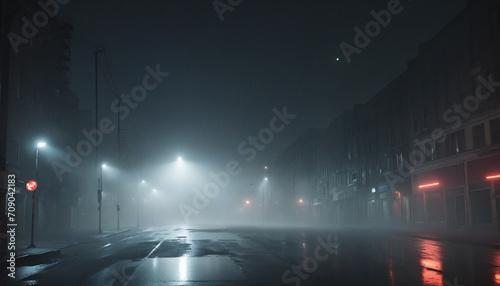 Dark urban nightscape with shimmering neon reflections and mist, illuminated by a lone searchlight. surreal urban setting with smoke and smog creating an eerie atmosphere.