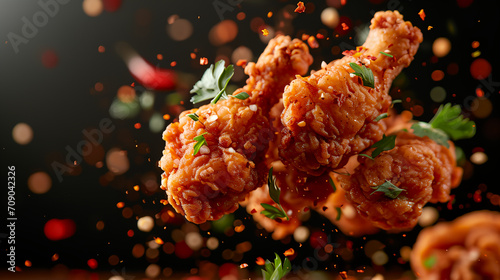 Delicious fried chicken wings mix with spicy ingredients herbs on dark background
 photo