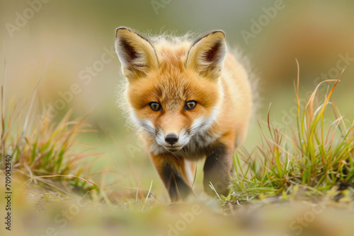A curious red fox pup, with its fluffy orange fur and bright eyes, investigates its surroundings © Veniamin Kraskov