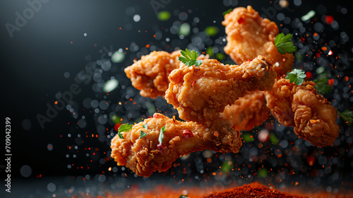 Delicious fried chicken wings mix with spicy ingredients herbs on dark background 