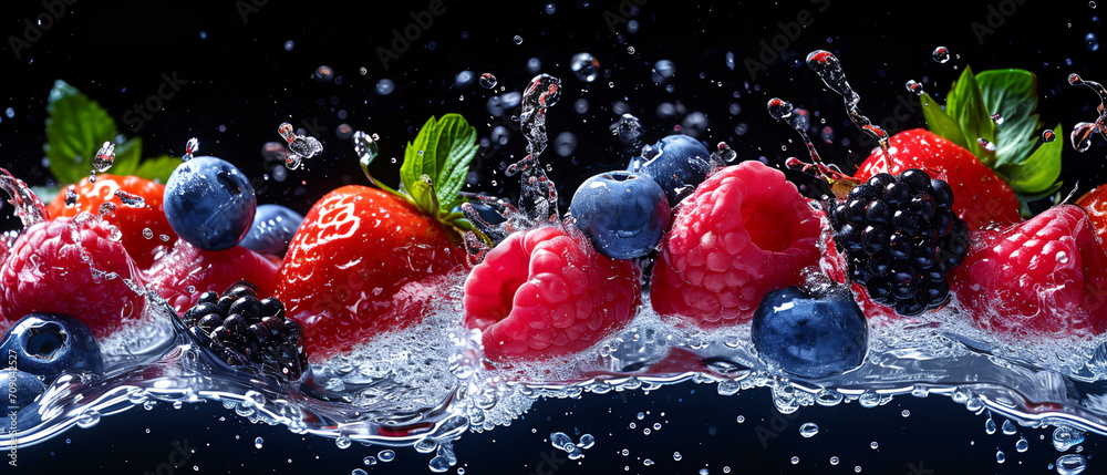 Fresh berry fruits with water splash on black background - obrazy, fototapety, plakaty 