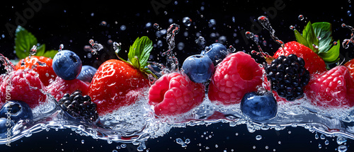 Fresh berry fruits with water splash on black background photo