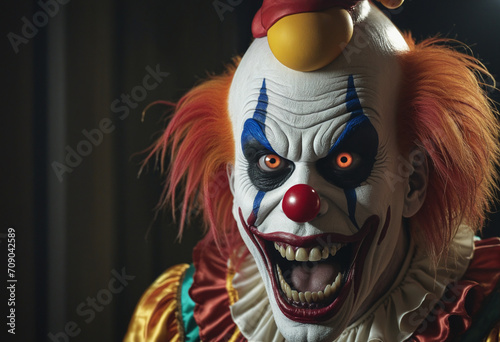 Sinister clown creature evoking horror movie vibes. Fear-inducing symbol. Halloween theme. Selectively focused background.