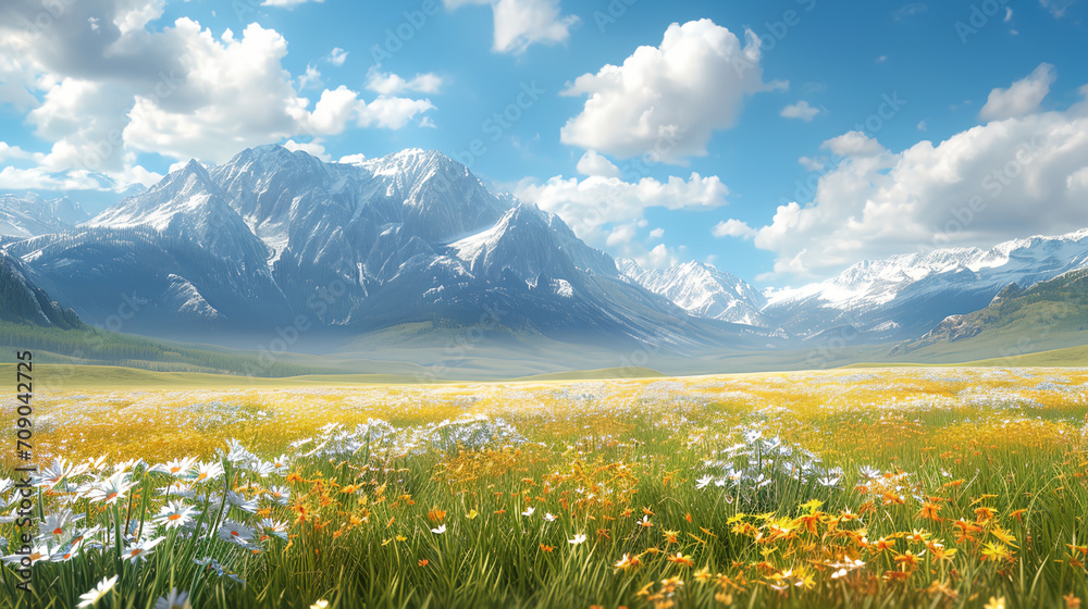 Fototapeta premium Blooming flowers in meadow fields with snow mountains background. Early spring season