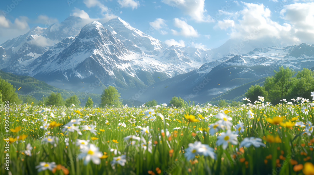 Naklejka premium Blooming flowers in meadow fields with snow mountains background. Early spring season