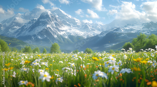 Blooming flowers in meadow fields with snow mountains background. Early spring season