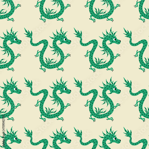 Green Asian dragons hand drawn vector illustration. Medieval mythology animal seamless pattern for kids fabric or wallpaper. © Елена Радькова