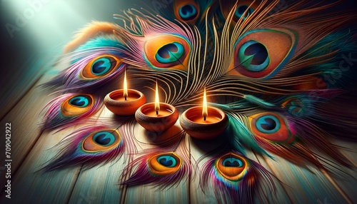 Beautiful illustration with diya lamps and peacock feathers for thaipusam celebration. photo