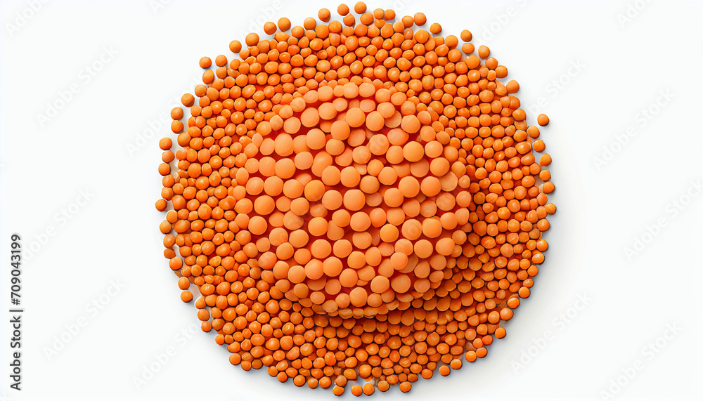 Upper view of raw red lentils isolated against a white backdrop Upper view of raw red lentils isolated against a white backdrop
