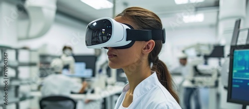 Woman experiencing VR in advanced lab using glasses. photo