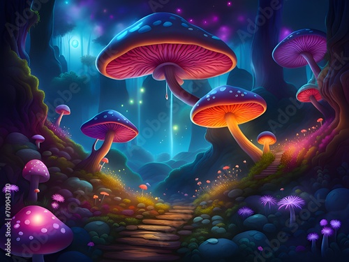 magic forest scene with mushrooms, mushrooms and plants