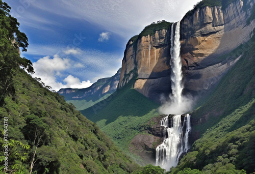 Breathtaking view of Angel Falls in Venezuela's Canaima National Park, seen from below, evoking a feeling of wonder and exploration. photo