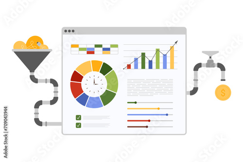 Convert creative ideas into money using analytics dashboard with charts and graphs of financial data. Conversion in pipeline with valve, marketing funnel and light bulbs cartoon vector illustration