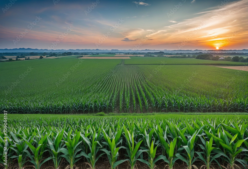 Scenic Green Cornfield Landscape at Sunset in Asian Agricultural Region