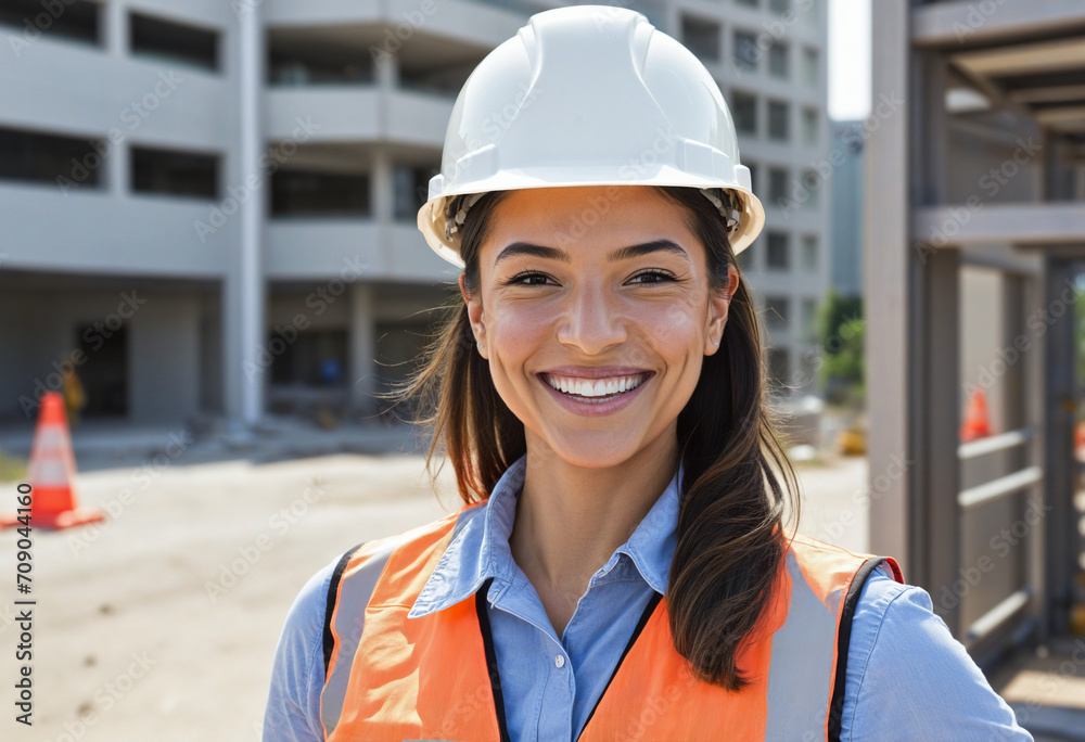 Smiling female engineer wearing hard hat, high vis vest, and PPE on site portrait Smiling female engineer wearing hard hat, high vis vest, and PPE on site portrait