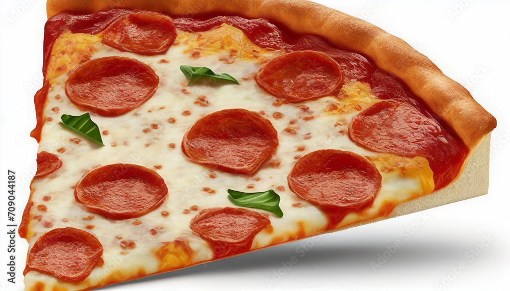 An isolated slice of freshly made pizza with pepperoni on a white background An isolated slice of freshly made pizza with pepperoni on a white background