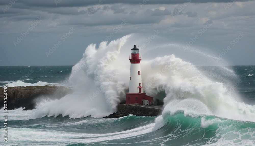 Lighthouse battered by powerful waves during storm in the ocean