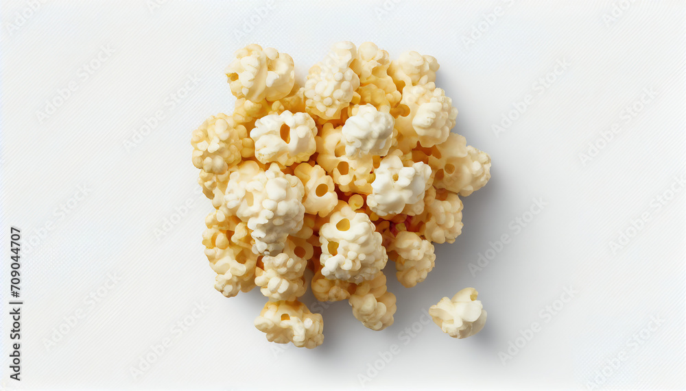 Top view isolated on a white background of freshly made popcorn for a movie night. Top view isolated on a white background of freshly made popcorn for a movie night.