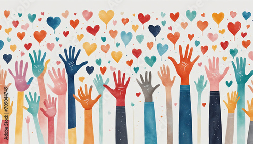 Community of diverse individuals supporting charity through collaborative efforts, exemplified by a collective gesture towards hand-painted hearts.
