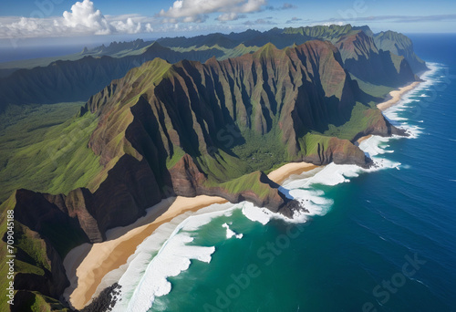 Majestic cliffs towering over the turbulent ocean along Kauai's north shore, Hawaii. photo