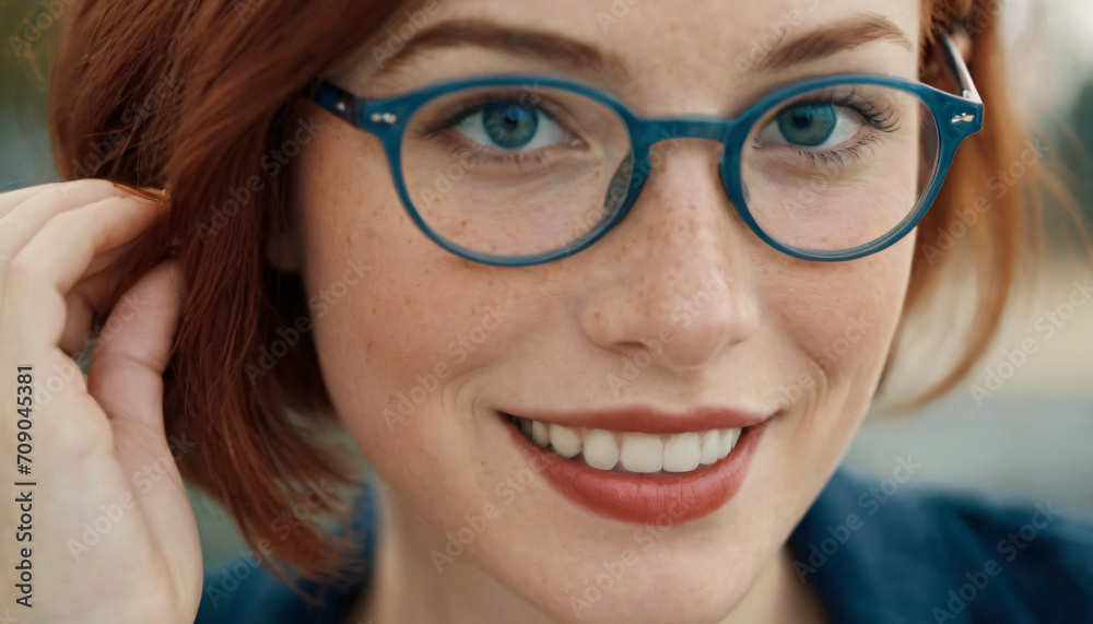 Young Charming Lady with Freckles, Red Bob-Cut Hair, Sapphire Blue Eyes, Smiling in Blue Glasses Young Charming Lady with Freckles, Red Bob-Cut Hair, Sapphire Blue Eyes, Smiling in Blue Glasses