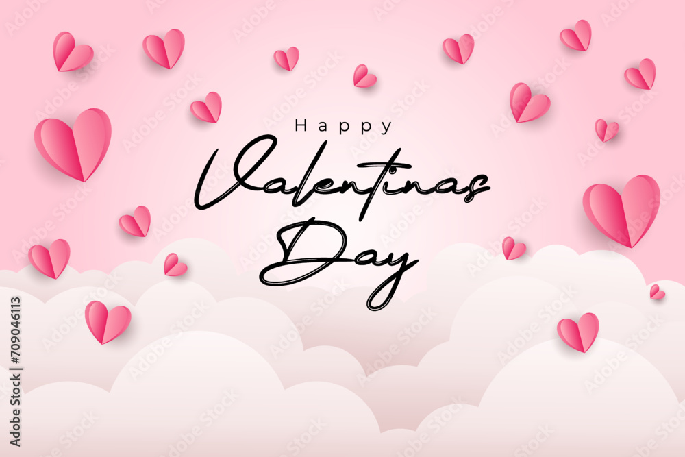 Happy Valentine's Day calligraphy banner with paper pink hearts isolated on pink background with clouds. Vector EPS 10