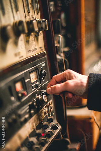 A person adjusting the knobs on an analog radio.