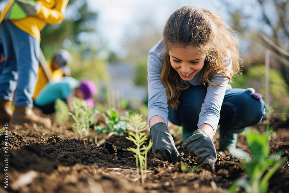 Engaging in community service teaches empathy, compassion, and the value of helping others. Girl planting young plants. Engaging in community service teaches empathy, compassion, and the value of helping others. Girl planting young plants.