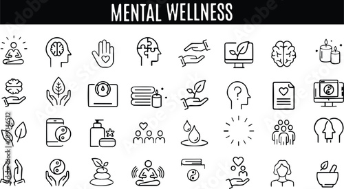 Meditation line icons set . Zen, relaxation, mental wellness. Yoga practice and healthcare. well being , Inner Peace, Self-knowledge, Spiritual Practice