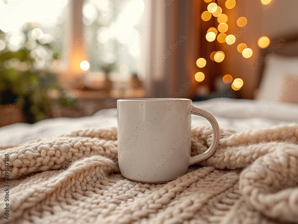 Clean White Mug on Table, on the beautiful background Clean White Mug on Table, on the beautiful background