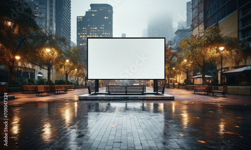 Blank white horizontal billboard on the street. Advertising billboard mockup, digital display, showcase on city background