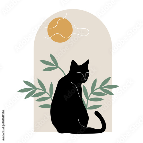 Simple black cat. Cat in arch. Cat at the window. Isolated.