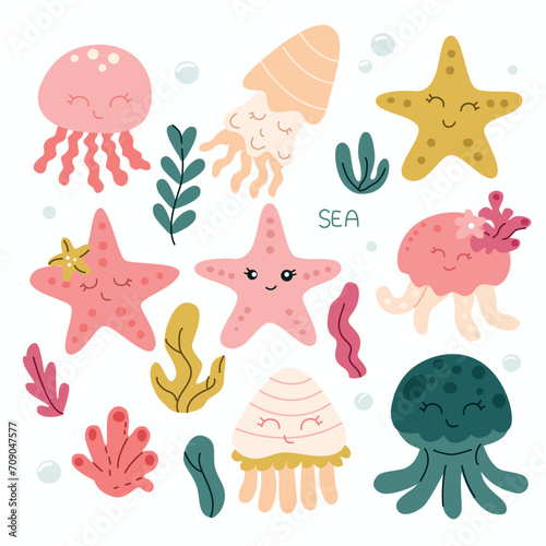 Set of cute cartoon sea animals. Hand drawn vector illustration in scandinavian style.