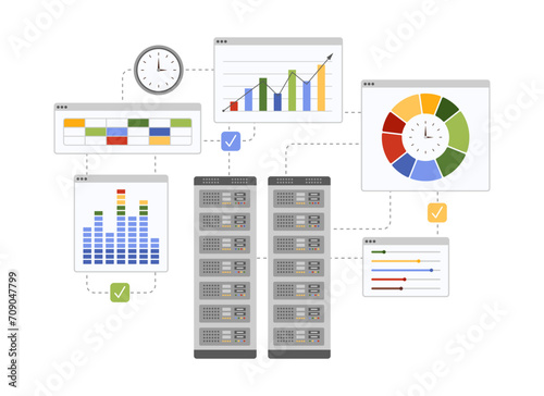 Cloud computing, data storage and analytics system based on server. Diagram and chart presentation report, access to digital finance information for analysis and research cartoon vector illustration