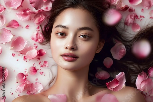 花びらと女性の美容イメージ（ヘアケア・スキンケア・ボディケア・エステサロン）, Generative AI