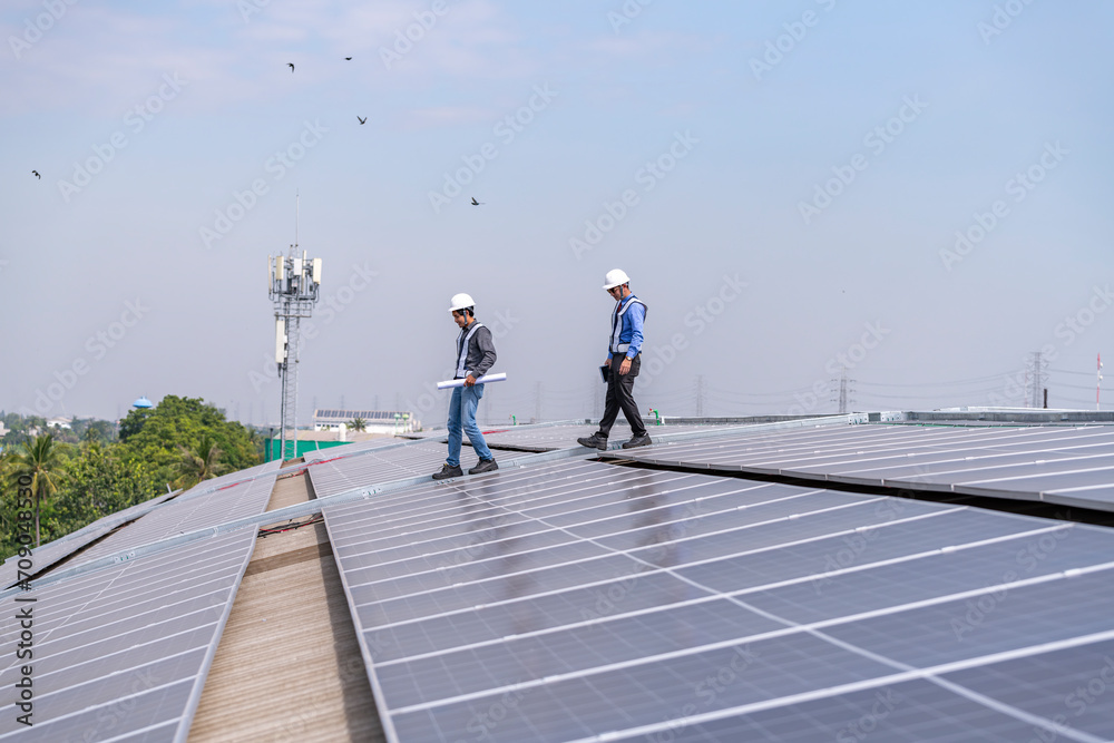 Engineers walking on roof inspect and check solar cell panel by hold equipment box and radio communication ,solar cell is smart grid ecology energy sunlight alternative power factory concept	