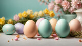 Colorful Easter eggs and on light pastel background
