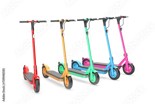 Row with five electric scooters with different colors on white background