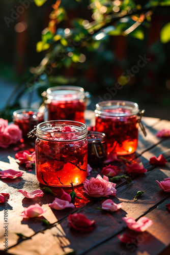 Rose petals jam in a jar. Selective focus.