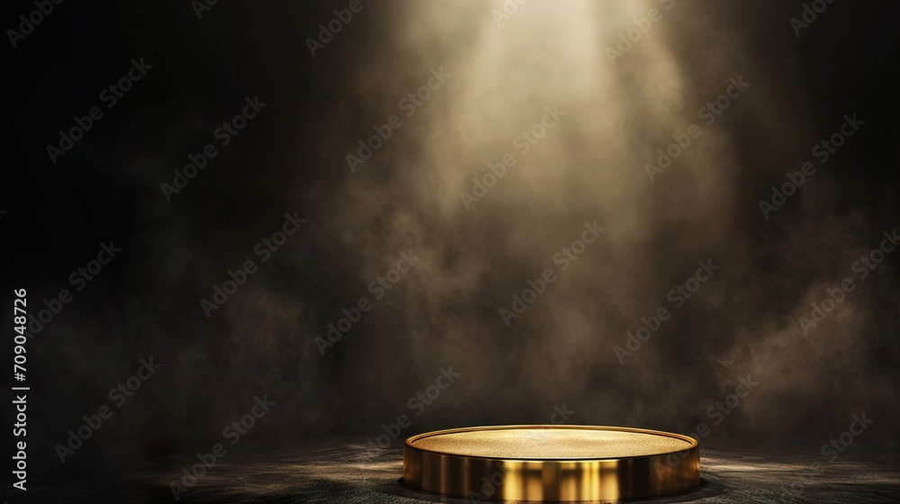 Gold podium on dark background with smoke
