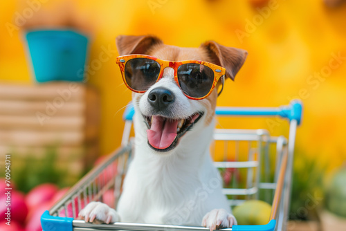 Shopping carts and Dogs with r glasses. Puppy in grocery shopping cart at market. Dog in basket. Shopping with dog © Nataliia_Trushchenko