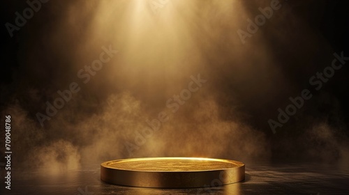 Gold podium on dark background with smoke photo