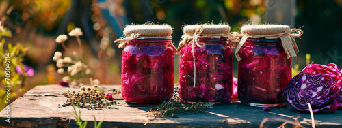Red cabbage preserved in a jar. Selective focus. photo