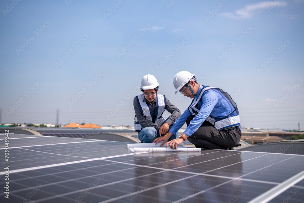 Engineers walking on roof inspect and check solar cell panel by hold equipment box and radio communication ,solar cell is smart grid ecology energy sunlight alternative power factory concept	