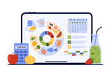 Calendar nutrition planning, mobile diet app. Pie chart with food products with protein and fats, carbohydrates by sectors, list on tablet screen to plan weight loss cartoon vector illustration