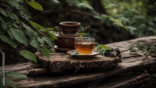A rustic tea set, located on a roughly hewn wooden tabletop, surrounded by delicate branches and leaves. generative AI