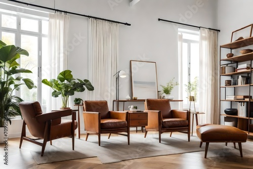 Discover the timeless appeal of this living room  blending modern and mid-century elements with leather armchairs  a wood cabinet  and a white wall and wood floor